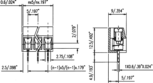 Terminal Blocks PCB, ar skrūvēm, 3pin, 5mm, 2.5mm2, 300V/10A, 10x16x11mm