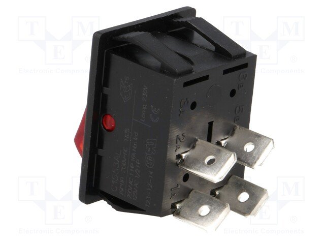 Taustiņslēdzis  DPST, ON-OFF, 16A/250VAC, 20A/28VDC, 25x32mm, apgaism. neona lamp. sarkanā, melnā krasa, ar fiksāciju, BULGIN