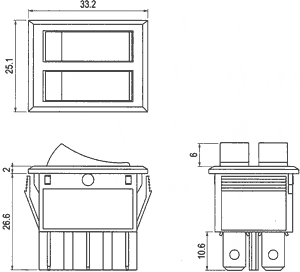 Taustiņslēdzis SPSTx2, OFF-ON + OFF+ON, 10A/250VAC, 32x22x26.6mm, melnā krasa, ar fiksāciju