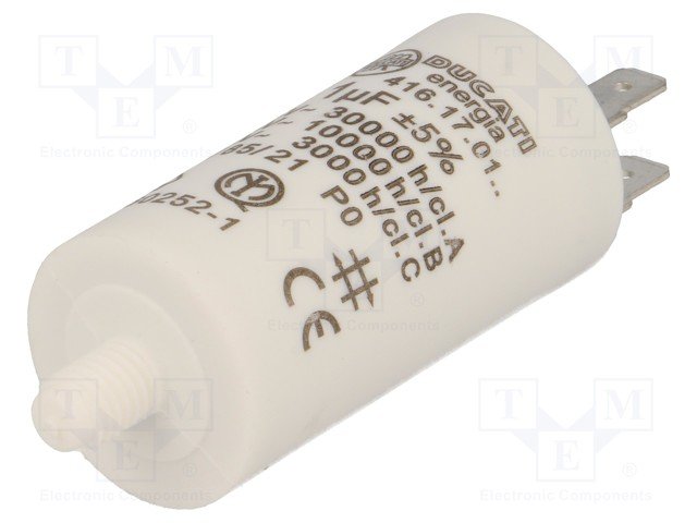 1.0/475VAC, ±5%, elektromotoru kondensators, klemes 6.3mm, 10000h, M8, Ø28x55mm, DUCATI ENERGIA