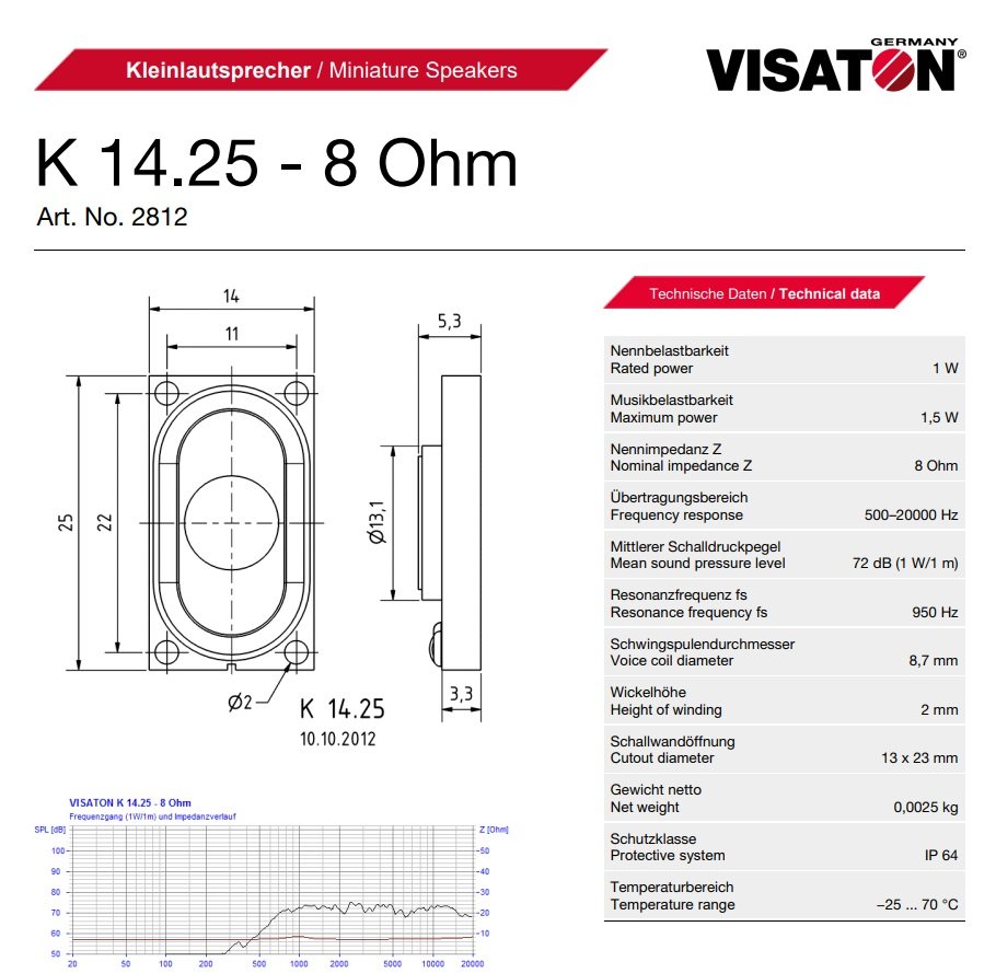 Skaļrunis 1W, 8R, 500...20000Hz, 72dB, 25x14x5.3mm