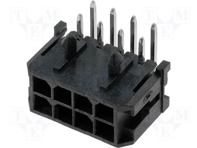 8pin(2x4), MicroFit, "mama/THT", šasijai, solis=3x3mm, 5A, leņķisks 90°