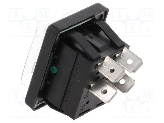 Taustiņslēdzis DPST, ON-OFF, 16A/250VAC, 25x30x33mm, IP44, (--O), 6.3x0.8mm, apg. 230VAC, zaļa krasa, ar fiksāciju