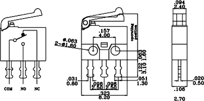 Mikropārslēdzējs ar sviru L=8mm, SPDT, ON-(ON), 0.5A/30VDC, IP40, 8.2x2.7x6.8mm, viens kontakts