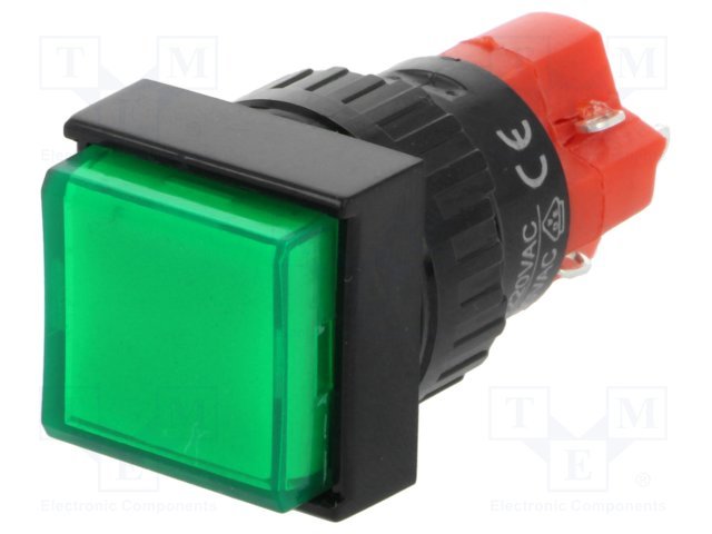 Poga SPDT, ON-ON, 3A/250VAC, 2A/24VDC, LED24VAC/DC, zaļā krasa, lodejama, 18x18x45mm, ar fiksaciju