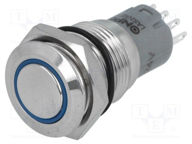 Poga M16x36mm, SPST-NO, ON-ON, 0.5A/220VAC, 1A/24VDC, IP67, LED24VDC, zilais riņķis, antivandala, ar fiksaciju
