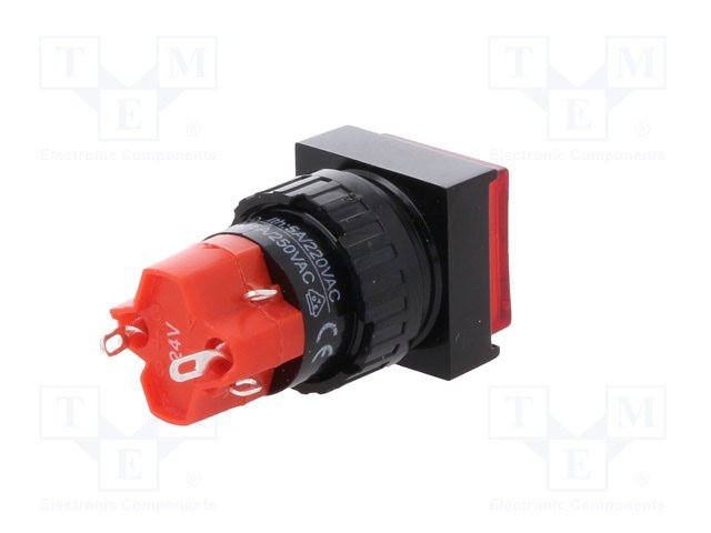 Poga SPDT, ON-(ON), 3A/250VAC, 2A/24VDC, LED24VAC/DC, sarkanā krasa, lodejama, 18x18x45mm, bez fiksacijas