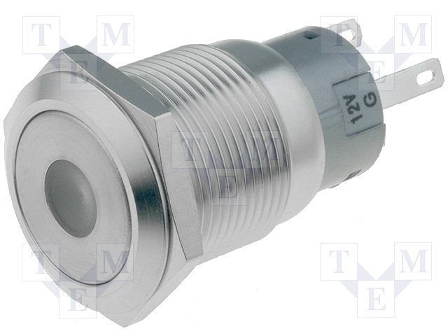 Poga M19x36mm, SPDT, ON-ON, 0.5A/220VAC, 1A/24VDC, IP67, LED12VAC/DC, zila centrā, antivandala, ar fiksaciju