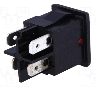 Taustiņslēdzis DPST, ON-OFF, 10A/250VAC, 10A/28VDC, 15x21mm, apgaism. neona lamp. satkanā, melnā krasa, ar fiksāciju