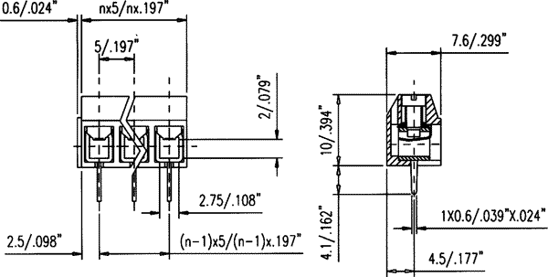 Terminal Blocks PCB, ar skrūvēm, 3pin, 5mm, 2.5mm2, 250V/16A, 10x7.6x15mm