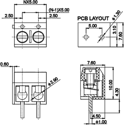 Terminal Blocks PCB, ar skrūvēm, 2pin, 5mm, 2.5mm2, 300V/16A, 10x7.6x10mm, taisns