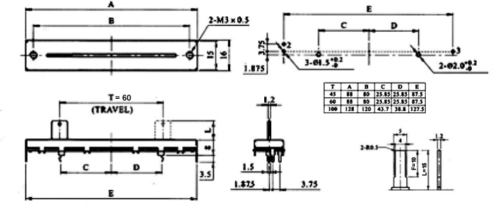 100K, slīdbīnžu potenciometrs, lineare atkarība, MONO, metalisks, 250mW, 88x16x8mm