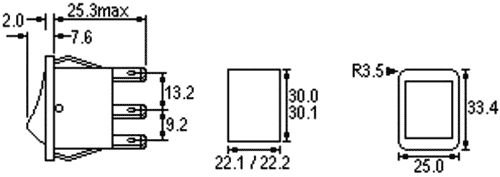 Taustiņslēdzis DPST, ON-OFF, 15A/230VAC, 20A/28VDC, 33.4x25x27.3mm, melnā krasa, ar fiksāciju