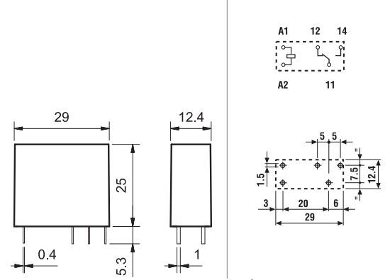 Relejs AC12V, SPDT, 8A/250VAC, 8A/30VDC, 80R(90mA), viens kontakts uz pārslēgšanu, 29x12.4x25mm, FINDER