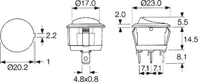 Taustiņslēdzis SP3T, (ON)-OFF-(ON), 6A/250VAC, 20A/12VDC, Ø20.2mm, mēlns, bez fiksācijas