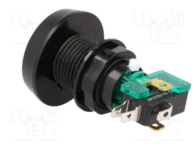 Poga SPDT, ON-(ON), 10A/250VAC, Ø44x70mm, zaļā krasa, plastmasas, spailes 4.8x0.5mm, LED12V, viens kontakts uz pārslēgšanu, bez fiksacijas