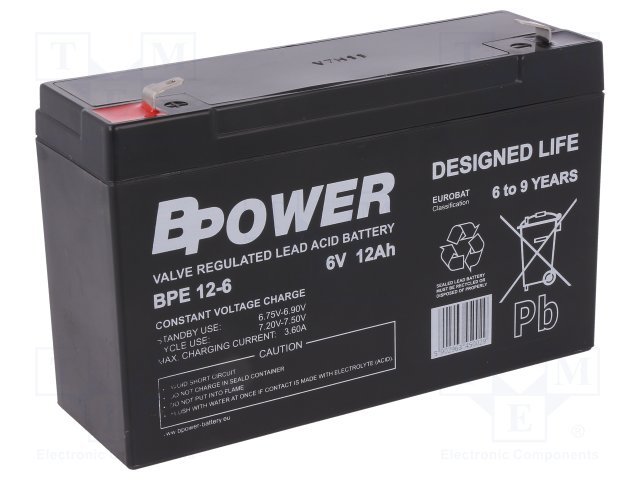Rūpņiecības svina-skabes akumulators 6V, 12Ah, 151x51x100mm,  BPOWER, 1820g.