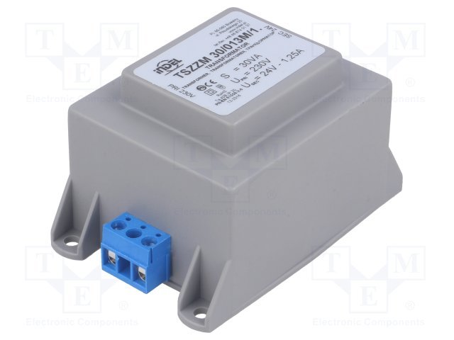 Transformators 220V=>24V, 1250mA, 30VA, 63.6x53.6x47.2mm, klemes