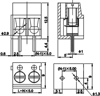 Terminal Blocks PCB, ar skrūvēm, 2pin, 5mm, 2.5mm2, 250V/16A, 12.5x9x10mm, zila krasa