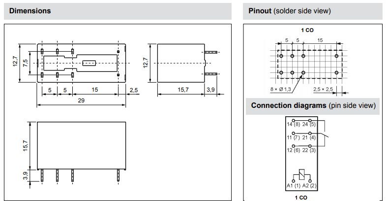 Relejs DC48V, DPDT, 16A/250VAC, 16A/24VDC, 5700Ω(4.2mA), IP67, viens kontakts uz pārslēgšanu, 29x12.7x15.7mm, RELPOL