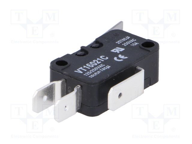 Mikropārslēdzējs ar sviru L=26mm, SPDT, ON-(ON), 14A/250VAC, IP40, 2.5N, konektori 6.3x0.8mm, 27.8x10.3x18.8mm, viens kontakts uz pārslēgšanu