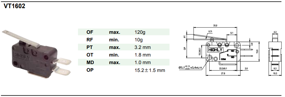 Mikropārslēdzējs ar sviru L=26mm, SPDT, ON-(ON), 14A/250VAC, IP40, 2.5N, konektori 6.3x0.8mm, 27.8x10.3x18.8mm, viens kontakts uz pārslēgšanu