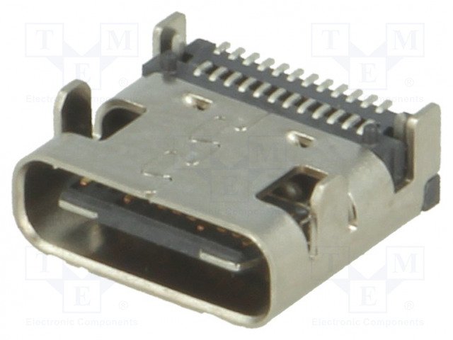 USB-C (type C), 3.1, ligzda uz šasija, SMT, no virsas platei, 4 piestiprinājuma punkti, 24pin