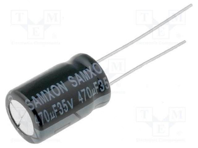 470/35V, 105C, Ø10x16mm, ±20%, Kondensators elektrolītisks, 2000h, SAMXON, ar lokaniem izvadiem