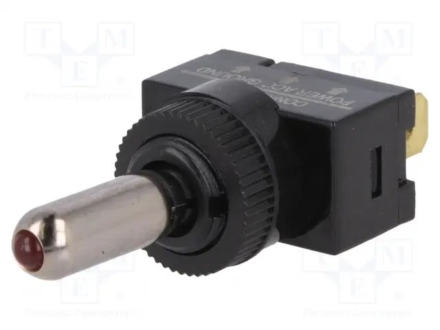 Tumblers, SPST-NO, OFF-ON, 20A/12VDC, LED12VDC, sarkans, 6.3x0.8mm, M12, 24.4x14x18.7mm, poliamids, CSI, ar fiksaciju