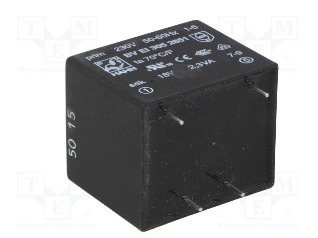 Transformators 220V=>15V, 153mA, 2.3VA, 32.5x27.5x23.8mm