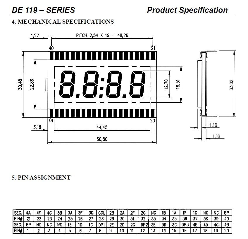 7LED indikators, ceturtkāršs, 12.7mm, LCD, STN Positive, logs 44.5x16.5mm, gabarits 50.8x30.5x1.1mm