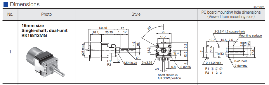 100k stereo, 50mW, ±20%; 300°, D=6, D-profils, motorizētu potenciometrs ar linearu atkarību