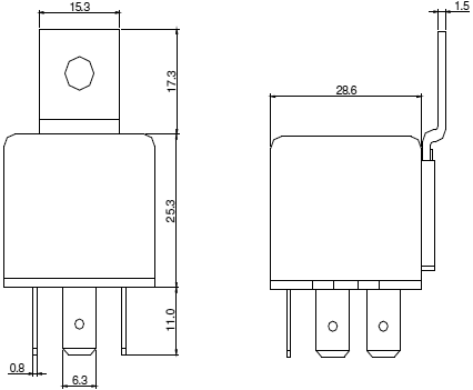 Relejs DC12V, SPDT, 40A/12VDC, 80R(150mA), viens kontakts uz pārslēgšanu, 28.6x28.6x25.3mm, SHORI ELECTRIC