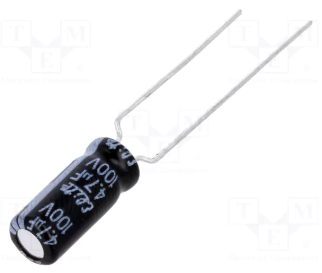 4.7/100V, 105C, Ø5x11mm, ±20%, Kondensators elektrolītisks, 2000h, Elite, ar lokaniem izvadiem