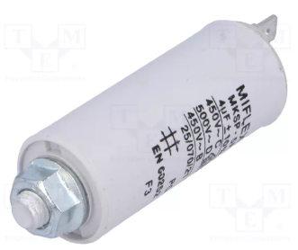 4.0/450VAC, ±5%, elektromotoru kondensators, klemes 6.3mm, 10000h, M8, Ø25x58mm