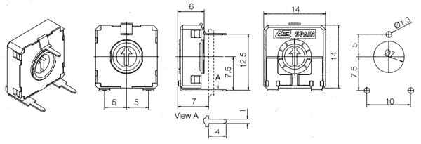 1K Rezistors pieskaņotais horizontalā, 14x14x6mm, 250mW