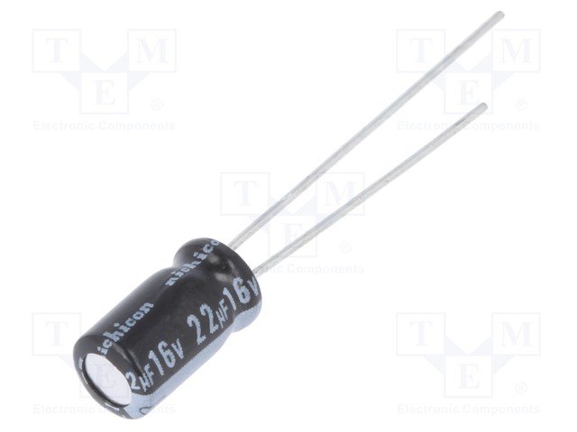 22/25V, 85C, Ø5x11mm, ±20%, Kondensators elektrolītisks nepolārais II, 2000h, PANASONIC, ar lokaniem izvadiem
