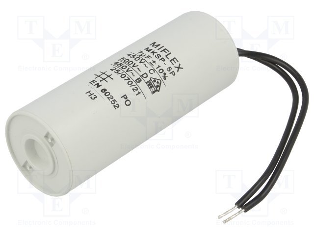7.0/450VAC+cable elektromotoru kondensators, ±10%, Ø30x78mm, 10000h