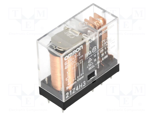 Relejs DC48V, SPDT, 16A/250VAC, 16A/30VDC, 4.17kΩ(11mA), viens kontakts uz parslēgšanu, 29x13x25.5mm, OMRON OCB