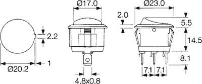 Taustiņslēdzis SPST, OFF-ON, 6A/250VAC, 20A/12VDC, D=23mm, balta krasa, apaļa, ar fiksāciju