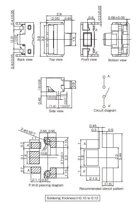 Mikroslēdzejs leņķisks, SPST-NO, OFF-(ON), 0.02A/15VDC, SMD, 3.9x2x1.6mm, 1.6N, L=0.9mm, IP67, PANASONIC