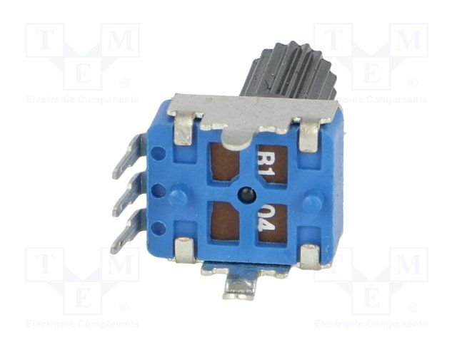100K mono, 10.4x11.8x6.8mm, 125mW, 300°, 6mm, solis=2.5mm, potenciometrslineāru atkarību, PCB veida, vertikālais