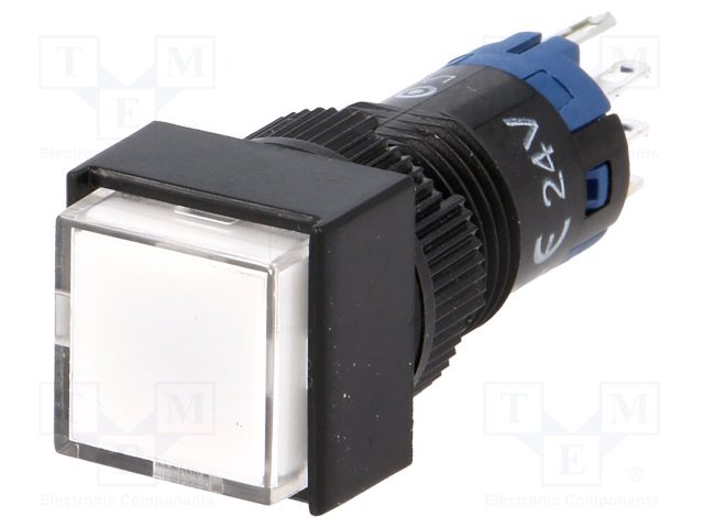 Poga SPDT, ON-(ON), 0.5A/250VAC, 1A/24VDC, LED24VAC/DC, IP40, baltā krasa, lodejama, 14x14x37mm, bez fiksacijas