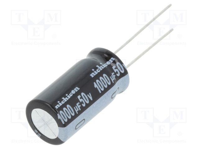 1000/50V, 105C, Ø12.5*25mm, ±20%, Kondensators elektrolītisks, 1000h, NICHICON, ar lokaniem izvadiem