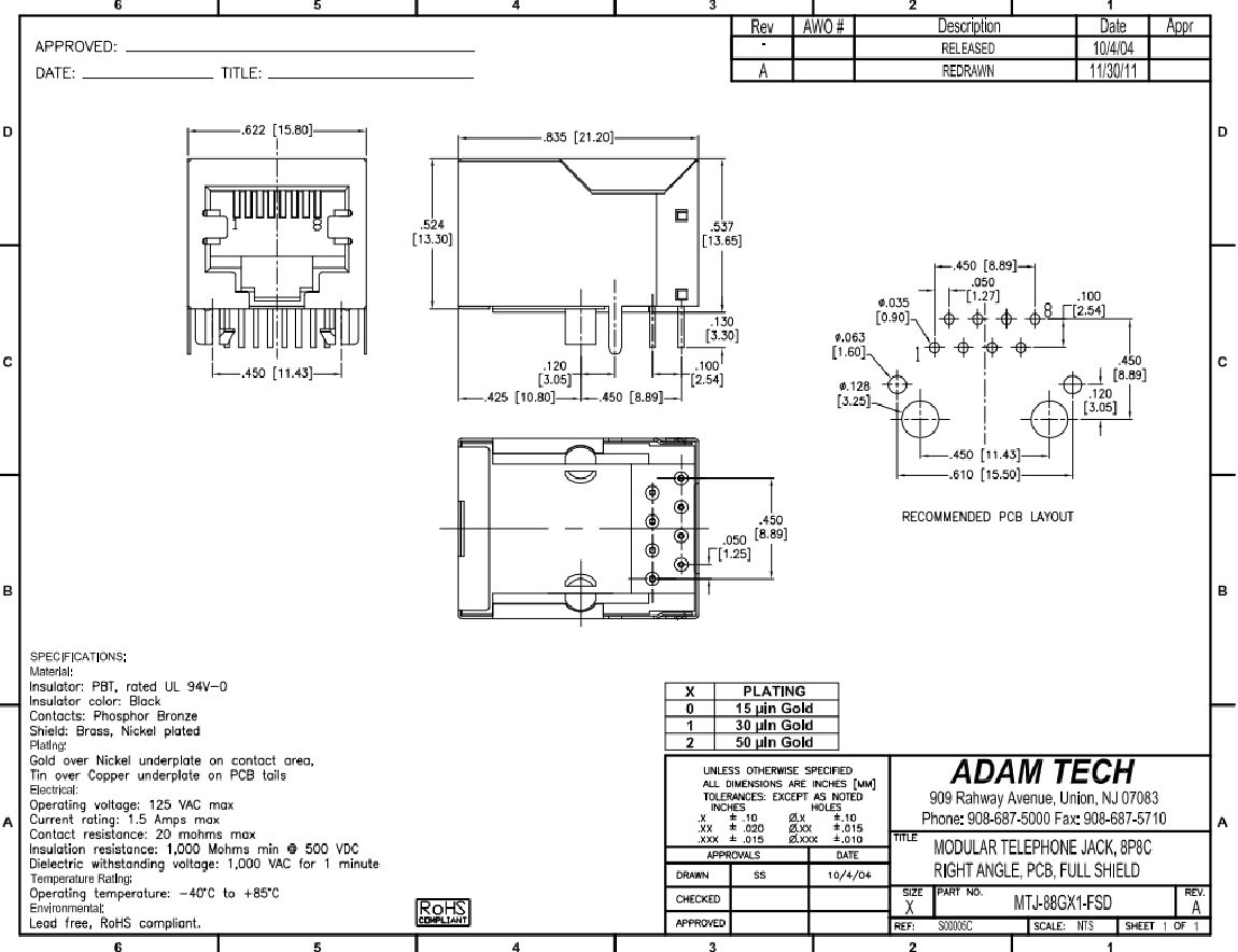 RJ45(8/8) ligzda uz šasijai, ekrānets,THT