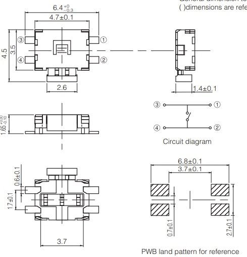 Mikroslēdzejs leņķisks, SPST-NO, OFF-(ON), 0.05A/12VDC, SMD, 4.7x3.5x1.65mm, 2.2N, L=1mm, PANASONIC