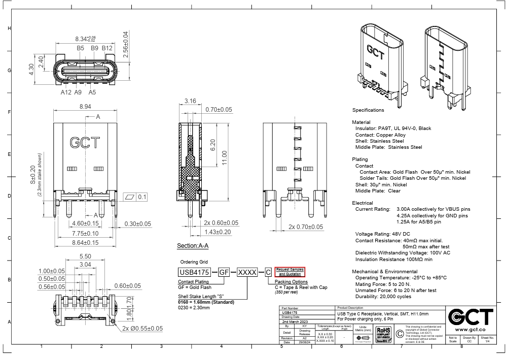 USB-C (type C), 2.0, ligzda uz šasija, SMD/SMT, vertikāls, 4 piestiprinājuma punkti, 6pin, h=11mm, 3A/48VDC