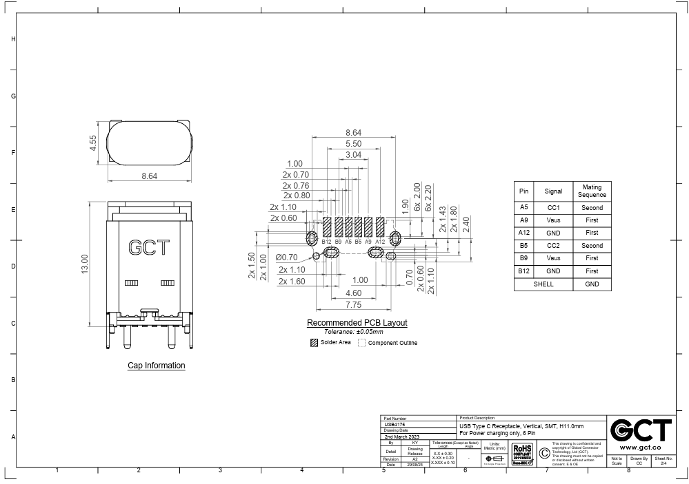 USB-C (type C), 2.0, ligzda uz šasija, SMD/SMT, vertikāls, 4 piestiprinājuma punkti, 6pin, h=11mm, 3A/48VDC