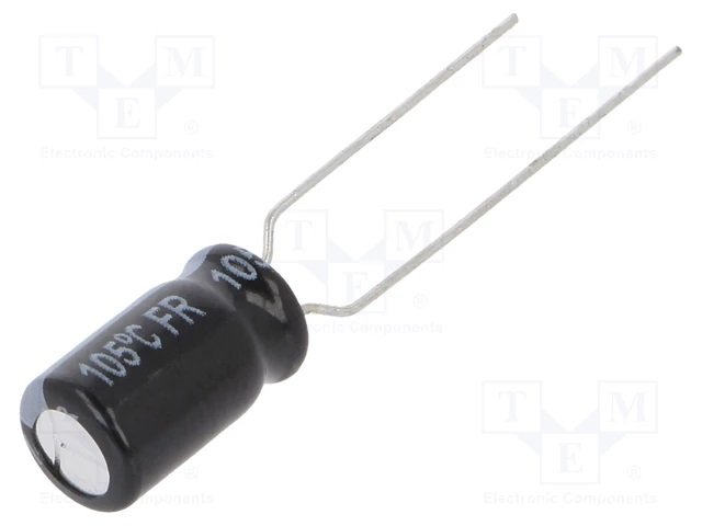 56/50V, 105C, Ø6.3x11mm, ±20%, Kondensatori zemas induktivitātes 0.14R, 5000h, PANASONIC, ar lokaniem izvadiem