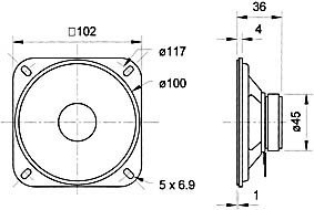 Skaļrunis 20W, 8R, 100...13000Hz, 90dB, 102x102x36mm